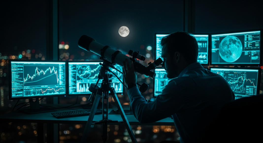 A man looks through a telescope at the moon from a dark office filled with glowing financial data screens.
