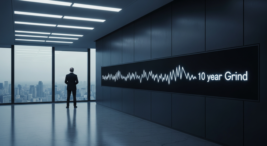 Man in a suit overlooks a city beside a digital screen displaying '10 year Grind' and a glowing waveform.