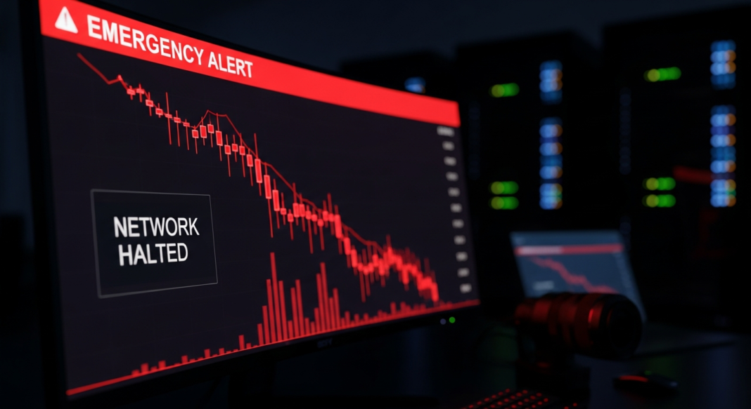 Monitor in a dark server room displaying a red downward-trending chart with 'Emergency Alert' and 'Network Halted' text.