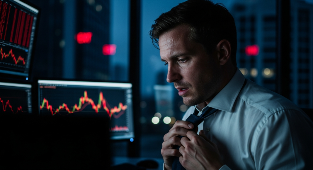 Stressed businessman loosening his tie while looking at downward-trending stock charts on monitors in a dark office.