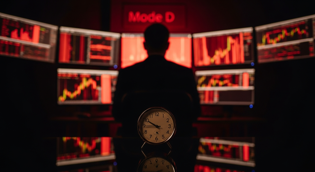 Silhouette of a person monitoring multiple red stock market charts with an analog clock in the foreground.