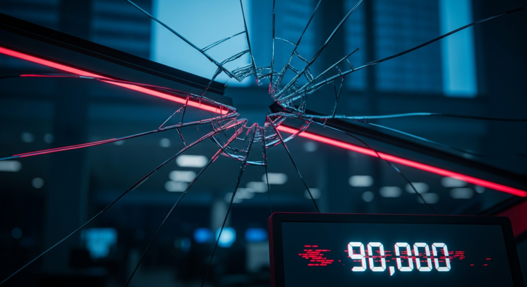 Shattered glass with a central impact point in front of a digital display showing 90,000 in a dark, tech environment.