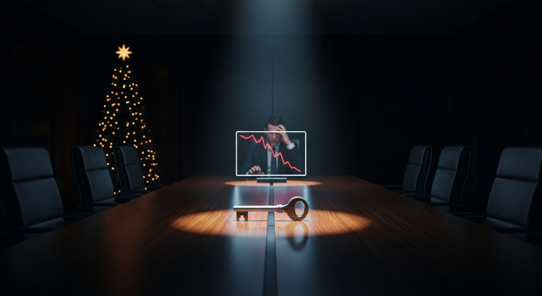 A silver key under a spotlight on a boardroom table, with a distressed executive and a crashing graph on a screen behind.