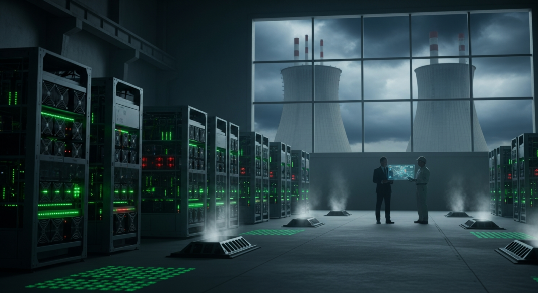 A data center with glowing server racks and two people viewing a hologram, with nuclear cooling towers visible outside.