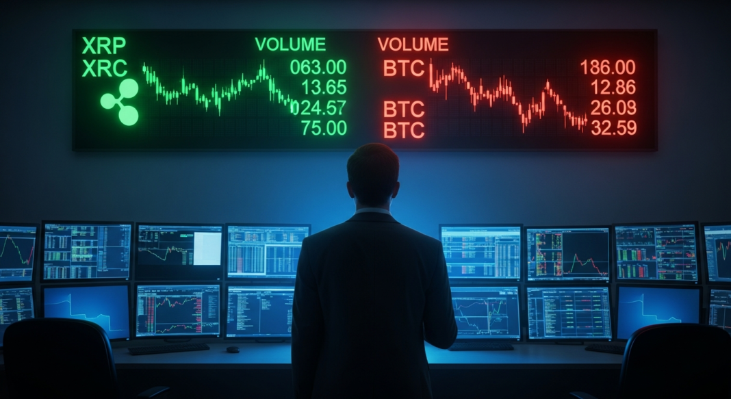 Trader in a suit monitors cryptocurrency market charts and data on multiple digital displays in a dark room.