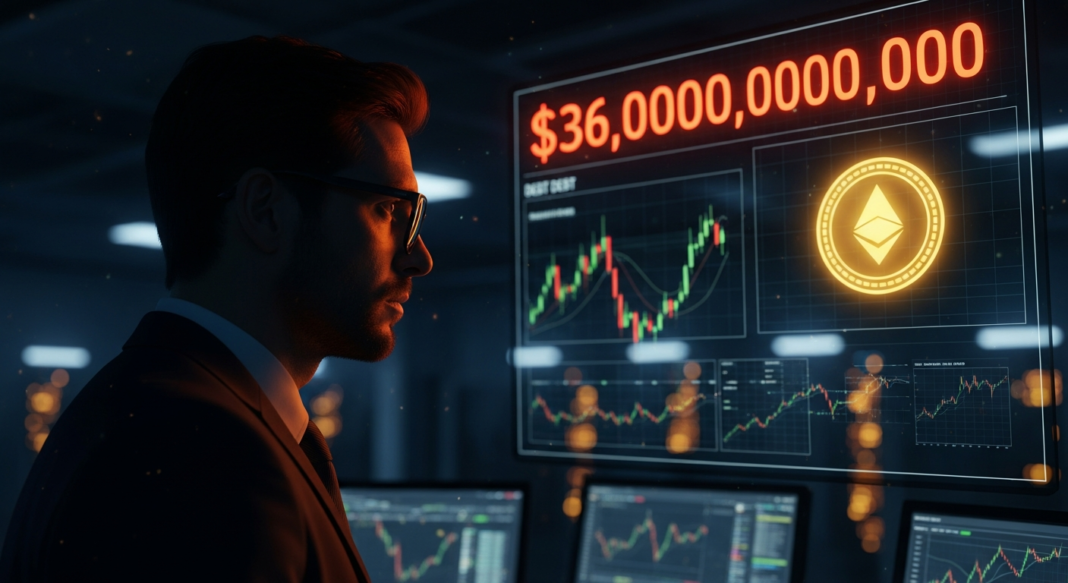 A man in a suit monitors a digital display showing a $36 trillion debt figure and an Ethereum logo.