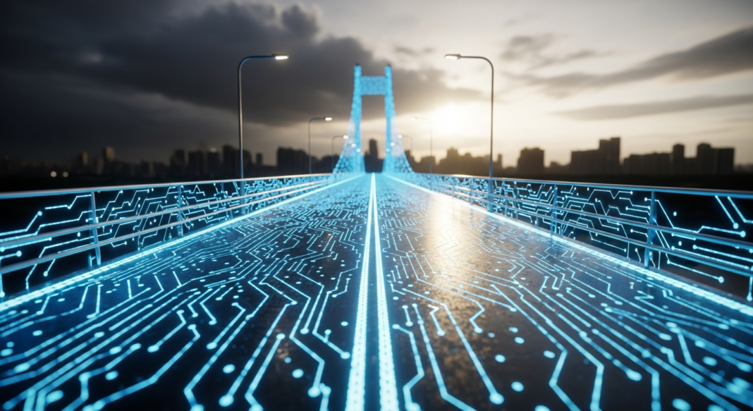 file-164.png-164 Futuristic bridge covered in glowing blue circuit board patterns leading toward a city skyline at sunset.