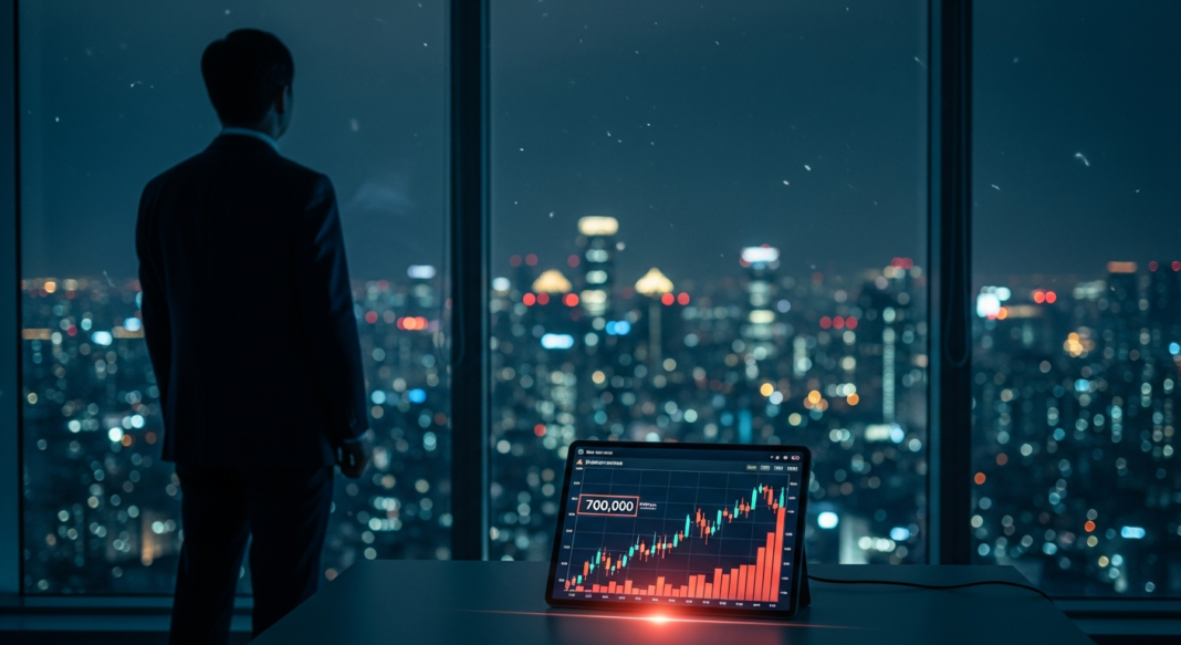 Businessman overlooking a night city skyline next to a tablet displaying a rising stock market chart.