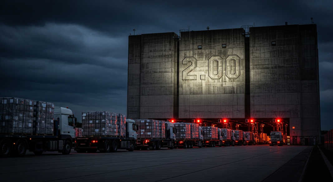 A line of loaded semi-trucks parked in front of a massive concrete industrial building under a dark, stormy sky.