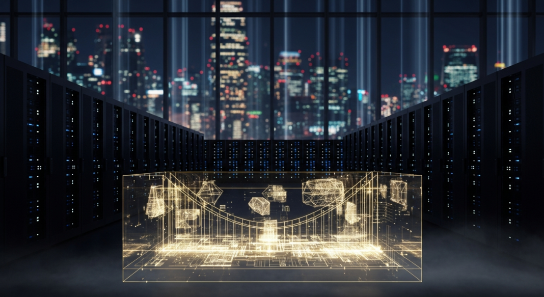 A golden 3D holographic wireframe model floats in a dark server room aisle with a city skyline visible at night.
