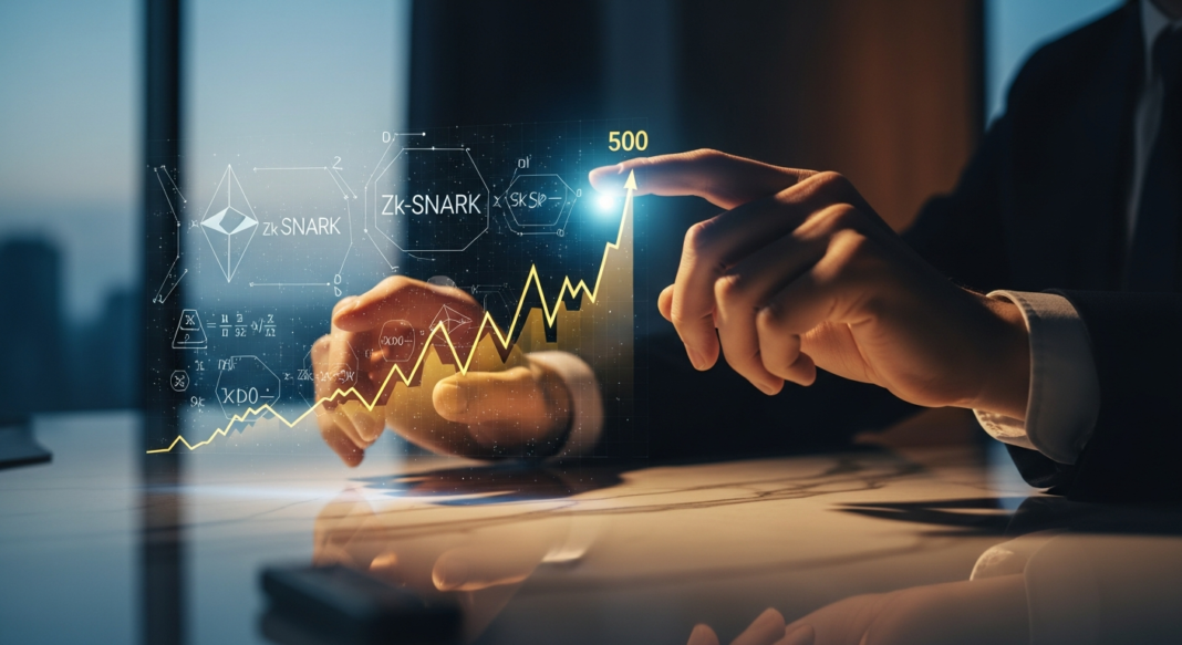 A person in a suit pointing at a glowing holographic upward-trending graph featuring Zk-SNARK and Ethereum logos.