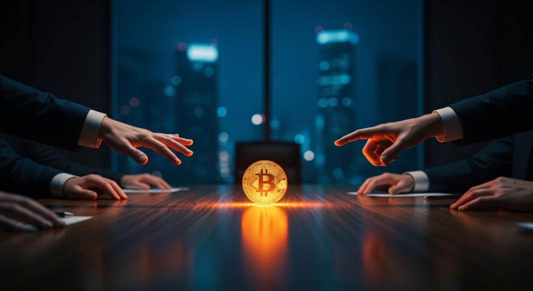 Hands reaching for a glowing Bitcoin coin on a boardroom table in a dimly lit office.