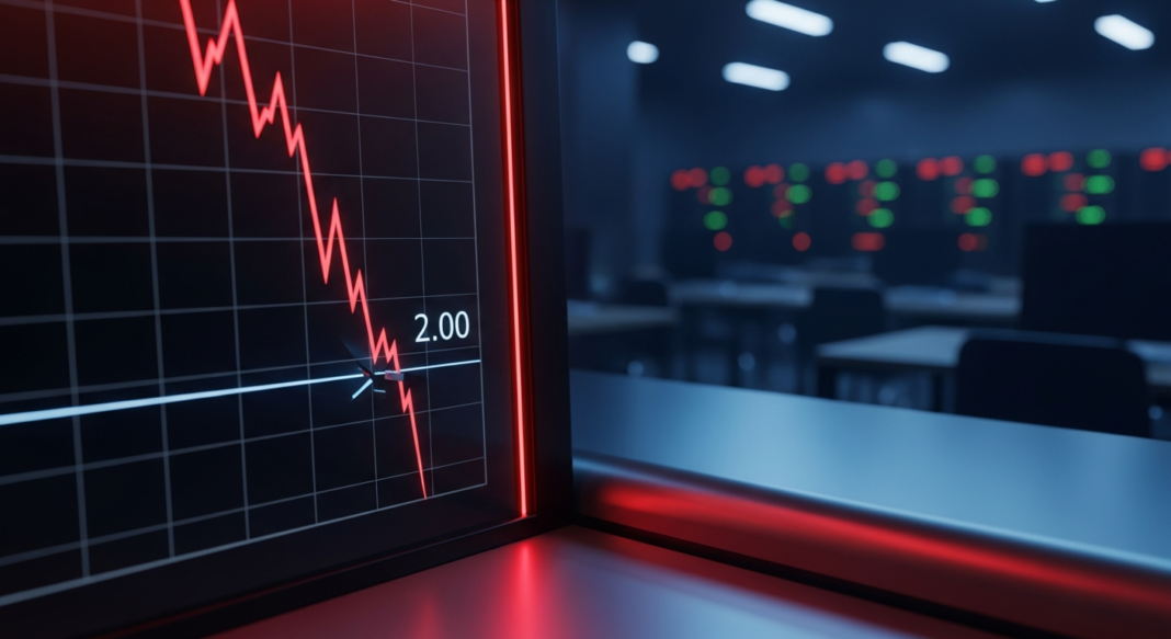 A digital screen showing a red line graph plummeting sharply downward in a dark control room setting.