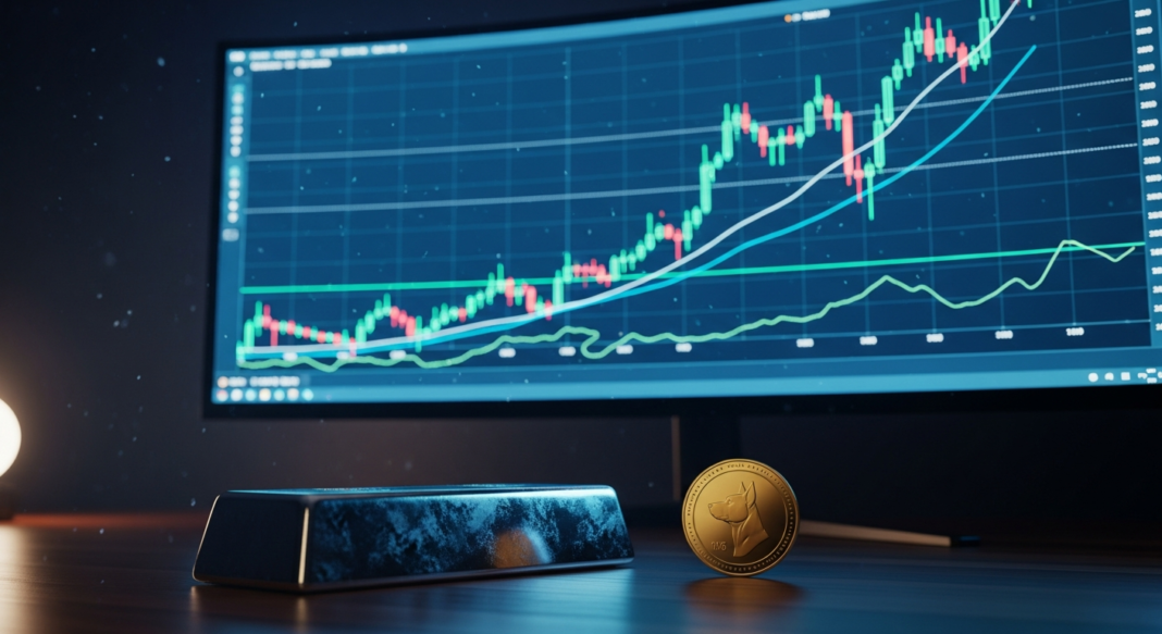 Curved monitor displaying stock charts behind a gold coin and a textured metal bar on a wooden desk.