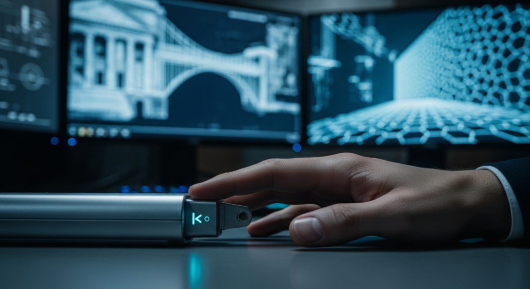 A person's hand touching a sleek, silver hardware key with a glowing blue logo in front of engineering monitors.