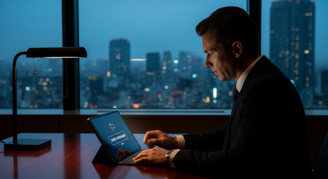 A businessman in a suit works on a tablet at a desk overlooking a nighttime city skyline.