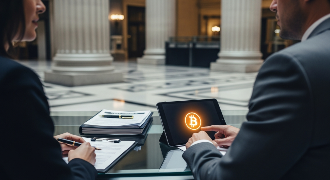 Two business professionals discussing Bitcoin on a tablet in a grand hall with classical columns.