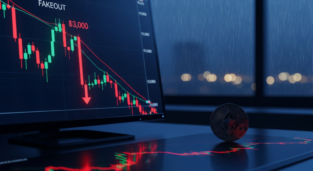 Cryptocurrency trading chart on a monitor showing a sharp price drop next to an Ethereum coin on a desk at night.