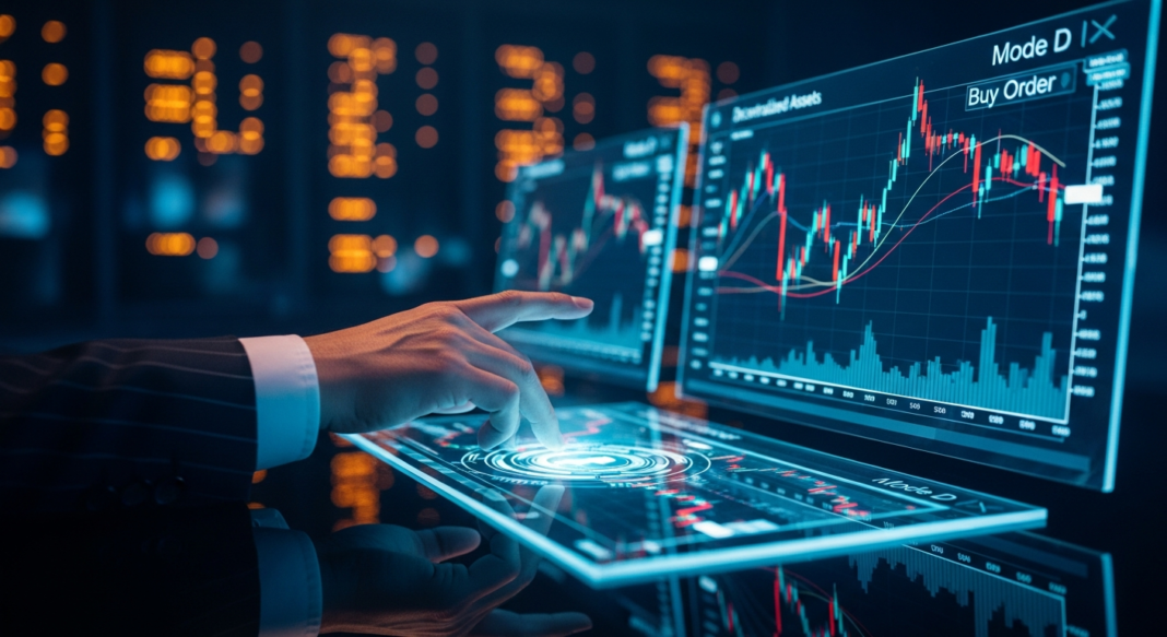 file-182.png-182 A hand interacting with a glowing touchscreen interface displaying complex financial trading charts and data.
