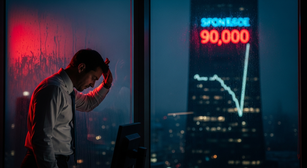 Stressed businessman in a high-rise office at night looking at a digital stock market graph on a nearby skyscraper.