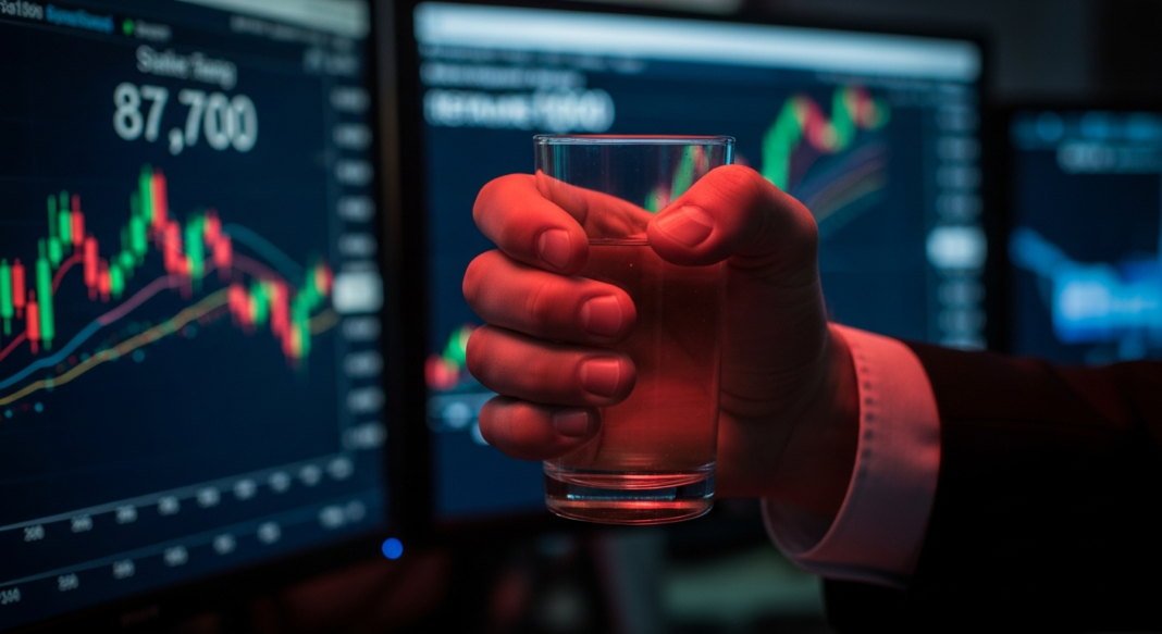 Hand in a suit holds a glass of liquid in front of glowing computer monitors displaying stock market charts.
