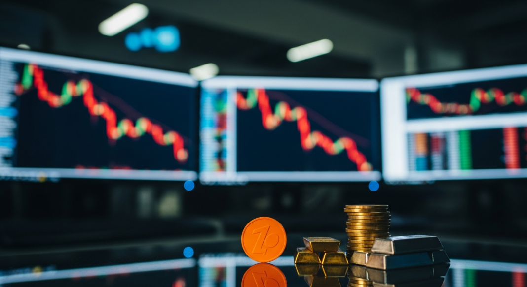 A crypto coin, gold bars, and stacked coins in front of monitors displaying declining stock market charts.