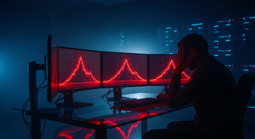 A stressed person at a desk with three monitors displaying glowing red jagged waveforms in a dark server room.