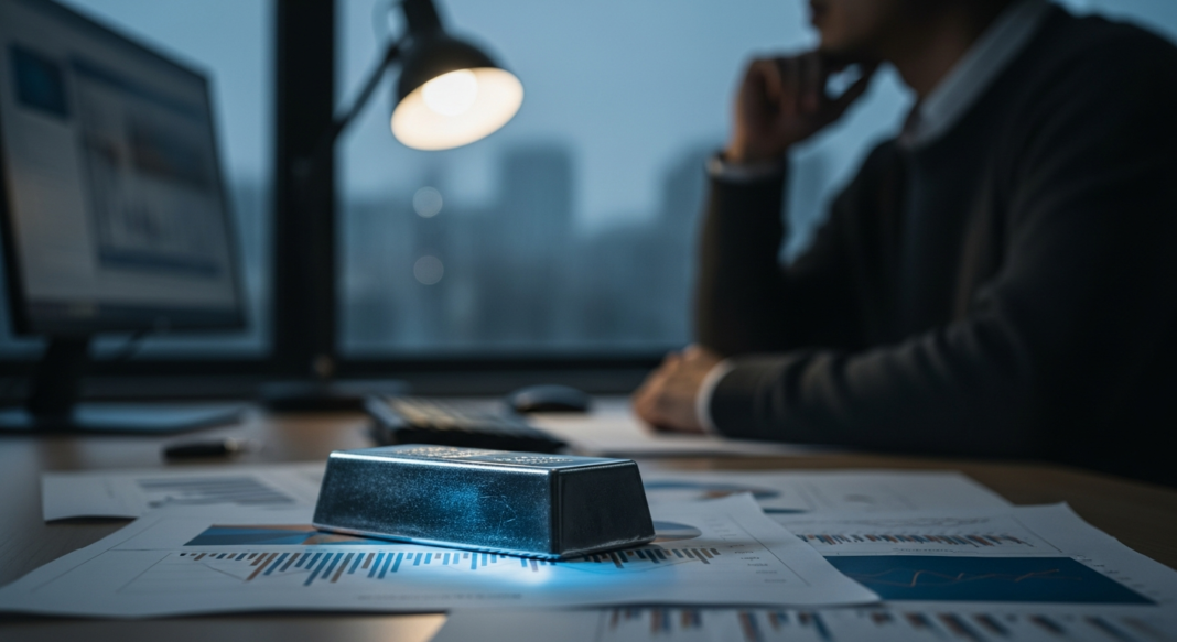 A silver bar resting on financial charts on a desk, with a blurred person sitting in the background.