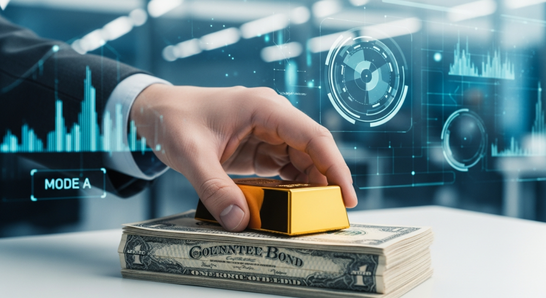 Hand in a suit placing a gold bar on a stack of currency with a futuristic digital financial interface.
