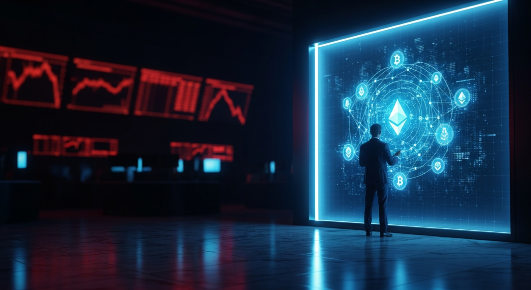 Man in a suit observing a large, glowing blue blockchain network display with Ethereum and Bitcoin icons.