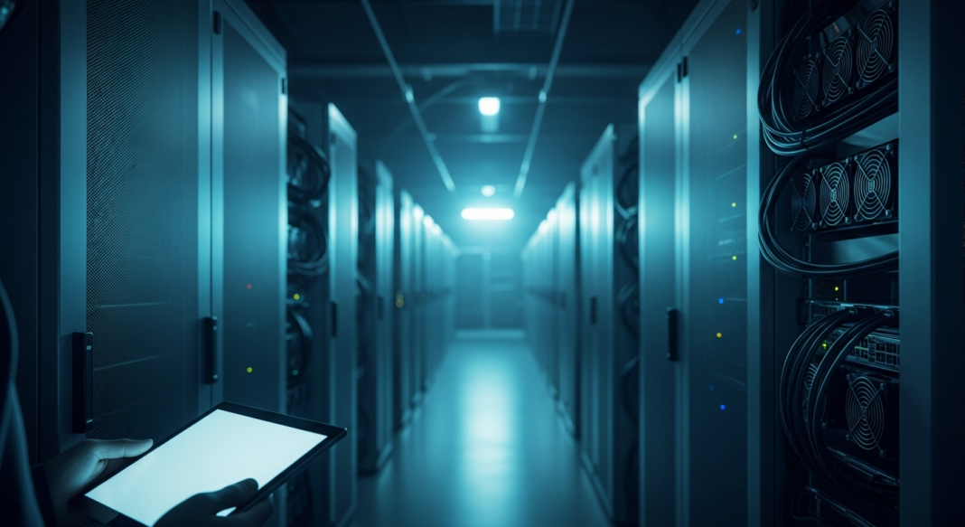 Hands holding a glowing tablet in a long corridor of data center server racks under cool blue lighting.