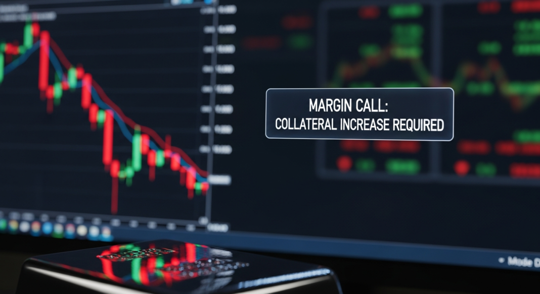 Trading screen with a downward trend chart and a 'MARGIN CALL: COLLATERAL INCREASE REQUIRED' alert overlay.