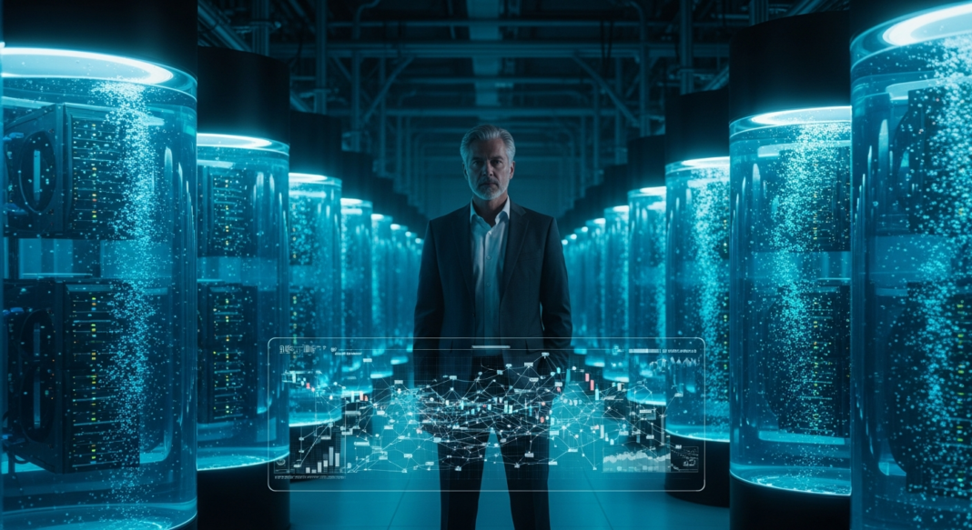 A man in a suit stands between rows of glowing blue liquid-filled server tanks with a digital data overlay.