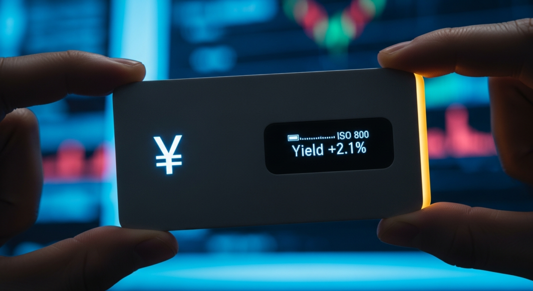 file-196.png-196 Hands holding a digital device displaying a Yen symbol and financial yield against blurred stock market charts.