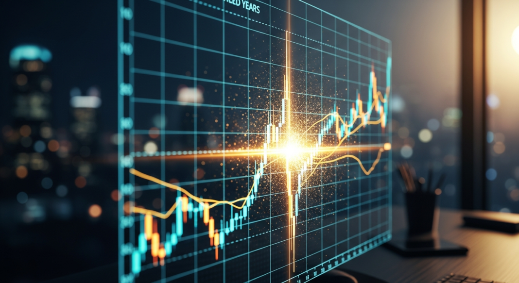 Glowing candlestick stock chart with a bright light at a data point, set in a dark office at night.