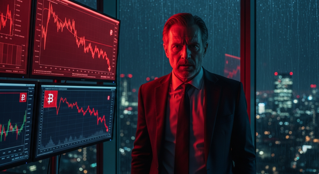 A man in a suit stands before multiple monitors displaying declining red financial stock market charts at night.