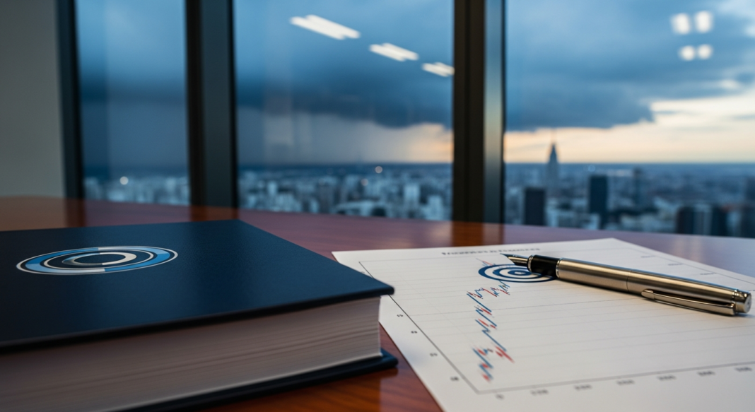 Desk with a blue notebook, financial chart, and silver pen overlooking a blurred city skyline at dusk.