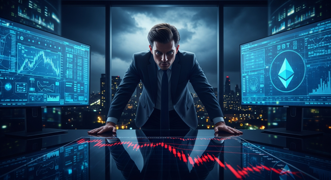 file-20.png-20 A man in a suit leaning over a high-tech desk displaying a red declining candlestick chart between two monitors.