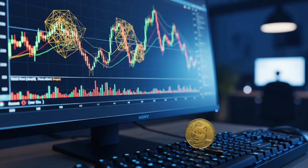 Physical Dogecoin on a computer keyboard with a stock market candlestick chart visible on the monitor behind it.