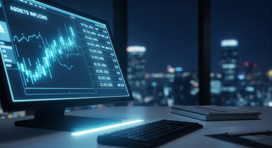 file-201.png-201 Computer monitor displaying financial charts and 'Assets Inflows' data on a desk overlooking a night city.