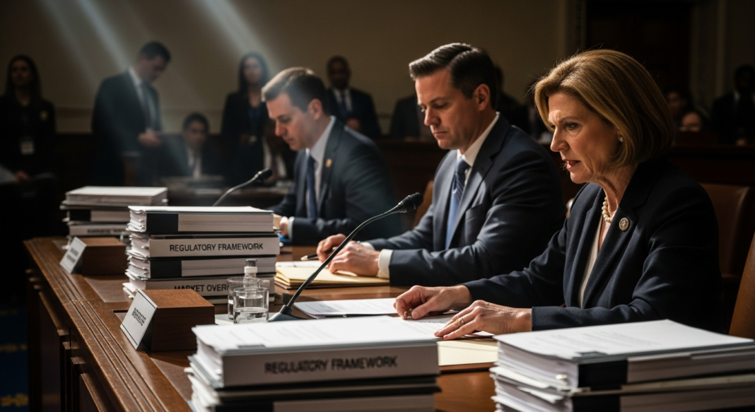 Officials seated at a hearing desk with large stacks of regulatory binders.