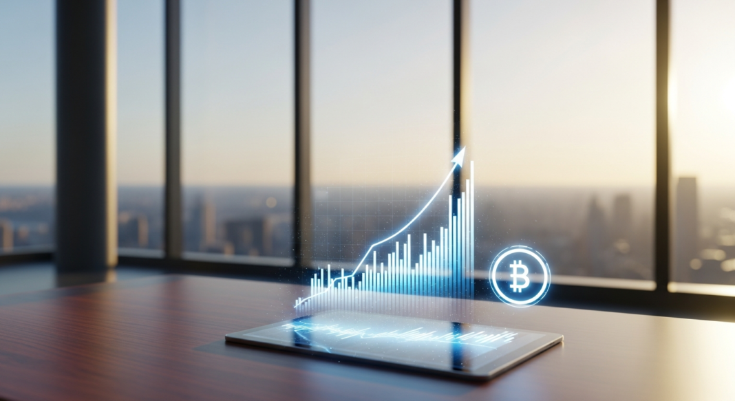 Holographic rising bar chart and Bitcoin symbol projecting from a tablet on a wooden desk with a city view.