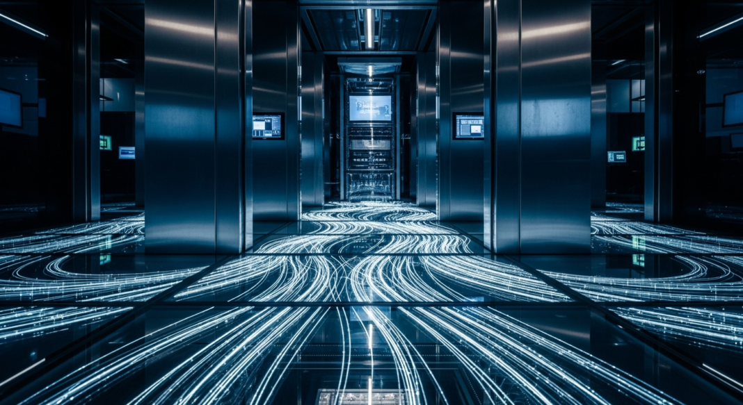 Futuristic data center with flowing blue light trails on a reflective floor between metallic server pillars.