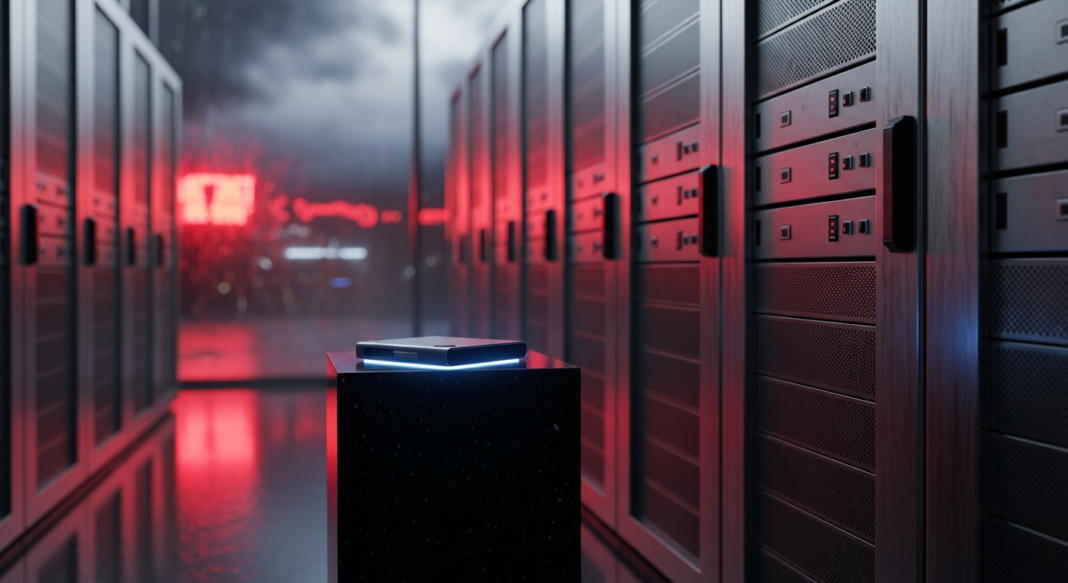 Small electronic device with a blue glowing base on a pedestal in a futuristic server room with red lighting.