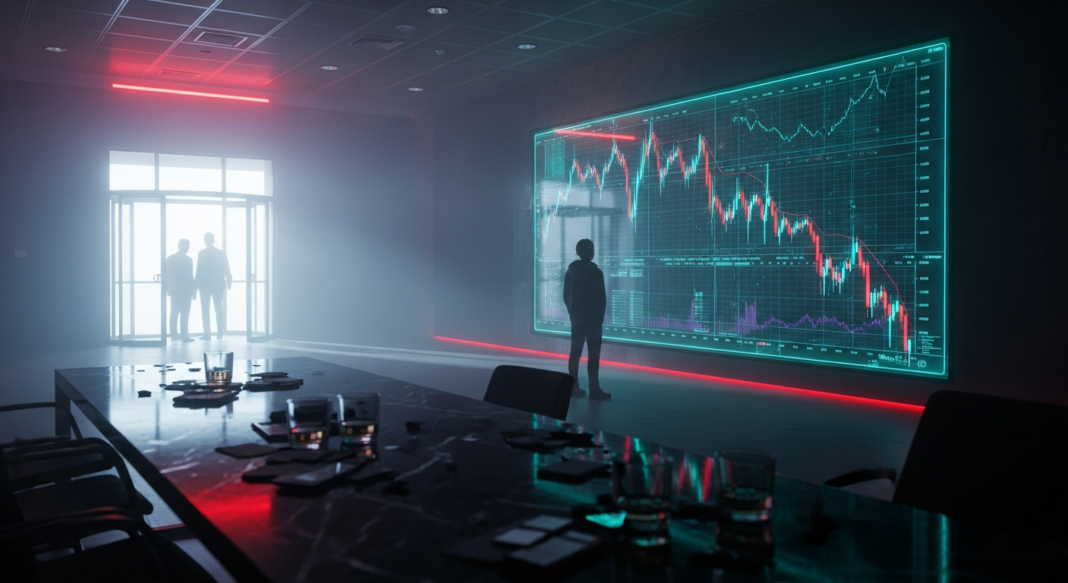 Silhouette of a person watching a crashing financial chart on a massive digital screen in a dark boardroom.