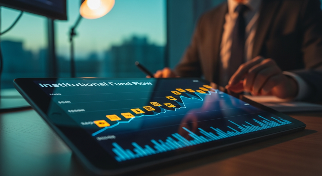 A financial professional analyzes an upward-trending 'Institutional Fund Flow' graph on a tablet in a dark office setting.