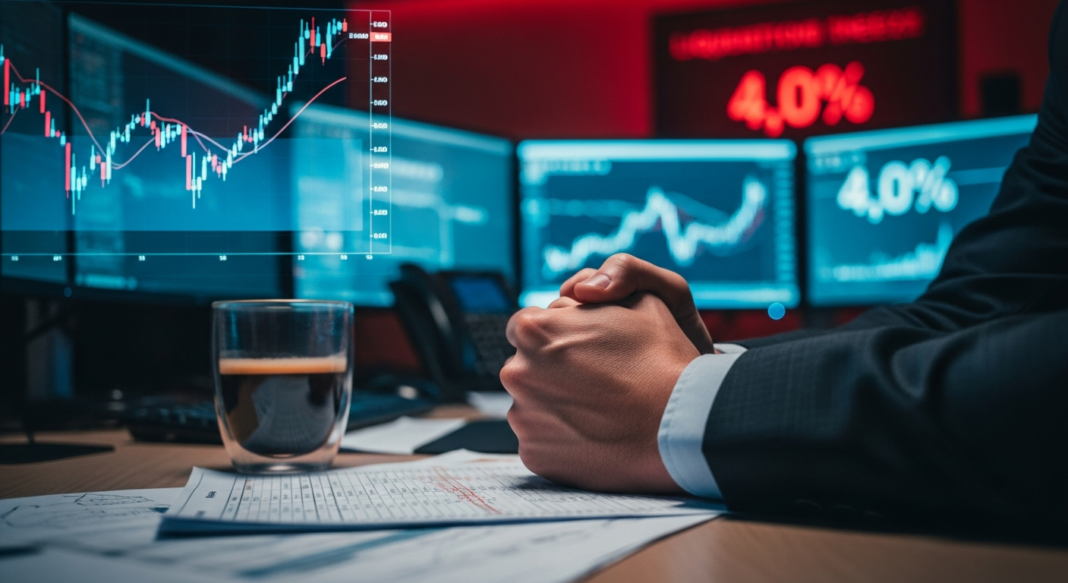 Clenched hands of a person in a suit on a desk in front of multiple monitors showing financial stock charts.
