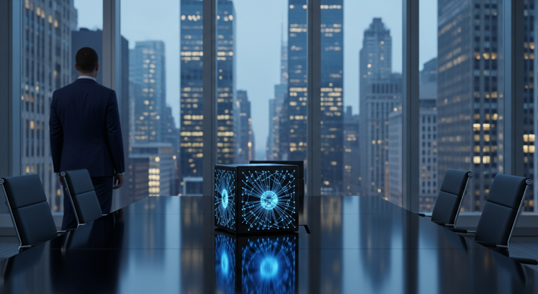 Businessman overlooks a city at night from a boardroom with a glowing data cube on the conference table.