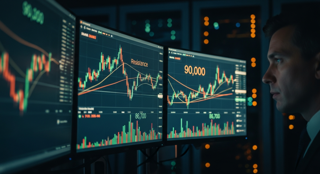 A professional analyst monitors real-time financial candlestick charts on multiple screens in a dark data center.