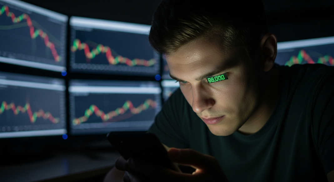 A man intently looks at his smartphone in a dark room surrounded by monitors displaying financial stock charts.